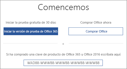 Muestra la pantalla “Comencemos” que indica que este dispositivo incluye una versión de prueba de Office 365