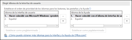 El cuadro de diálogo que le permite seleccionar el idioma que usará Office para los botones, los menús y la ayuda.