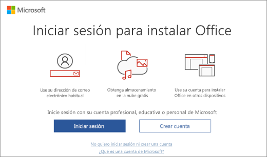 Muestra la página “Iniciar sesión para configurar Office” que puede aparecer después de instalar Office