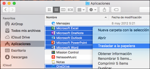 Mover las aplicaciones de Office a la papelera