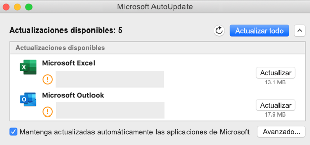Imagen del panel de control de Microsoft AutoUpdate con información sobre las actualizaciones.