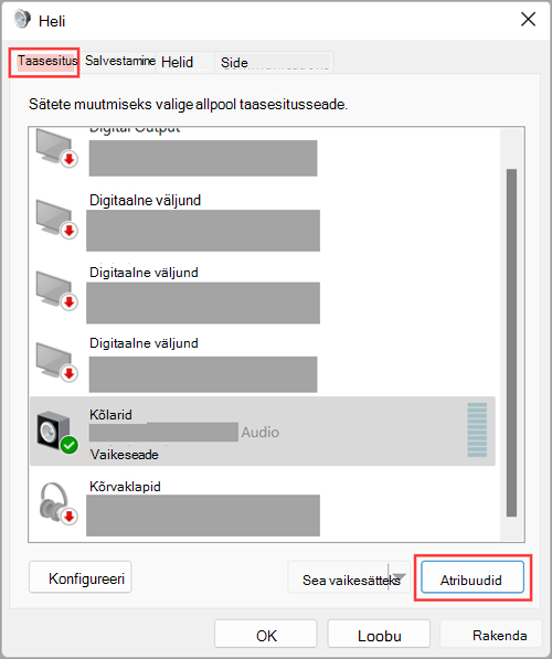 Juurdepääs heliväljundseadme atribuutidele Windows 11 helisätetes.