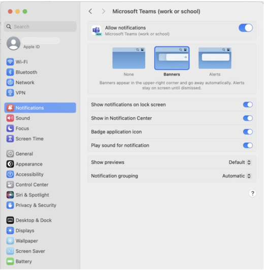 Kuvatõmmis Maci teatiste kuvast, kus Microsoft Teamsi teatised on lubatud.