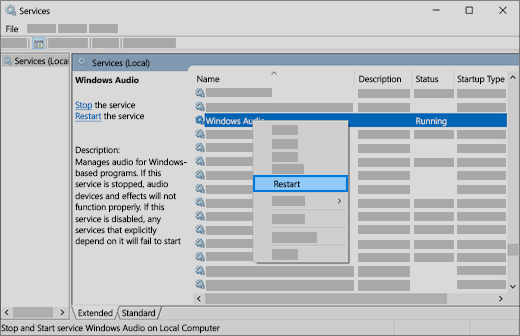 heliteenuste taaskäivitamine: Windows Audio, Windows Endpoint Builder ja kaugprotseduurikutse (RPC)