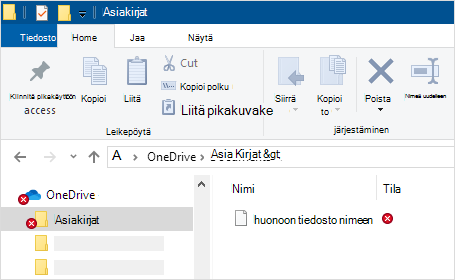 Resurssienhallinta, jossa näkyy OneDrive-synkronointivirhe