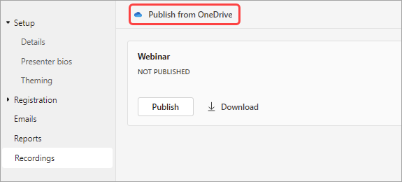 Näyttökuva, jossa näytetään käyttäjille, miten webinaaritallenne julkaistaan One Drivesta
