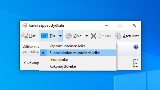 Kuvakaappaustyökalutilan asetukset