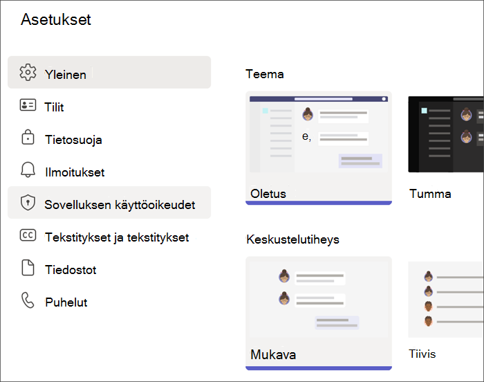 Näyttökuva Opiskelijaprofiilin Teams-asetuksista. Sovelluksen käyttöoikeudet on korostettuna.