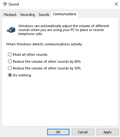 L’onglet Communications du Panneau de configuration Sons propose quatre façons de gérer les sons lorsque vous utilisez votre PC Windows dans le cadre d’appels ou de réunions. L’option « Ne rien faire » est sélectionnée.