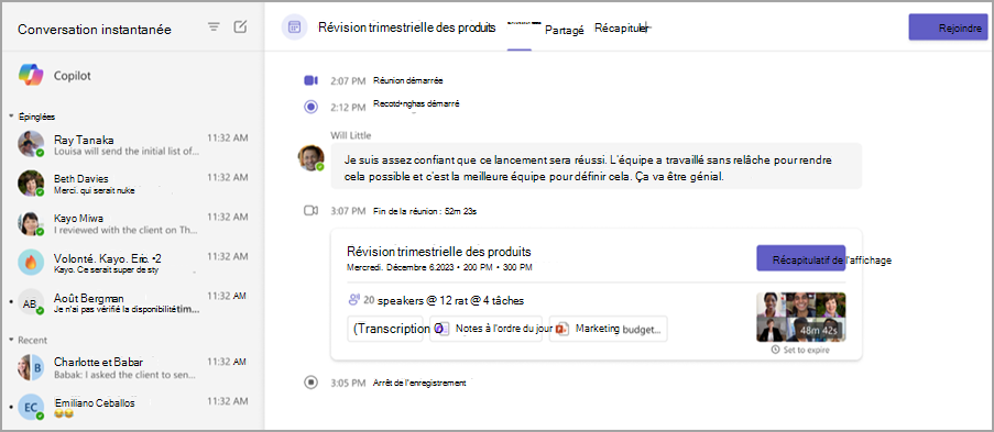 Capture d’écran montrant les fonctionnalités de récapitulatif de réunion dans une conversation de réunion.