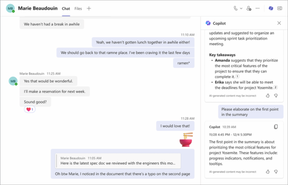 Poursuivez la conversation avec Copilot dans la conversation Teams.