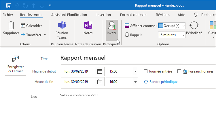 Planifier un rendez-vous dans Outlook