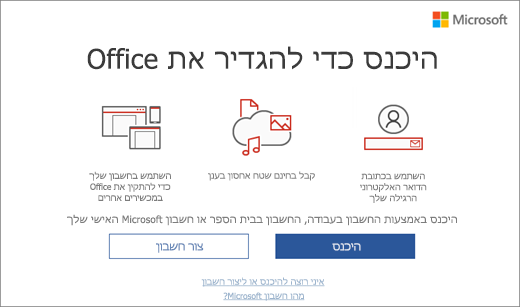 הצגת הדף 'היכנס כדי להגדיר את Office' שעשוי להופיע לאחר התקנת Office.