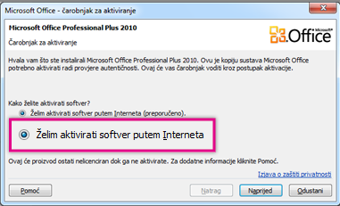 Aktivacija softvera putem interneta