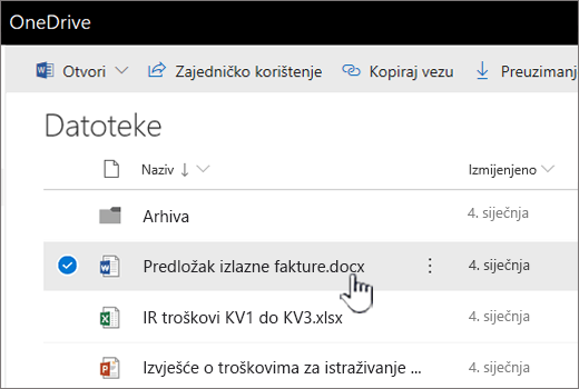 OneDrive s odabranom datotekom