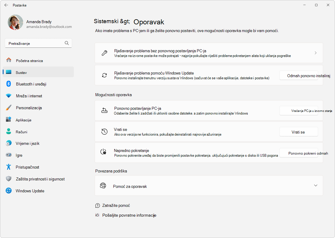 Snimka zaslona s postavkama – sustav – oporavak.