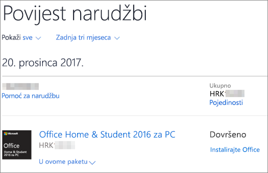 Prikazuje stranicu Povijest narudžbi na servisu Microsoft Store