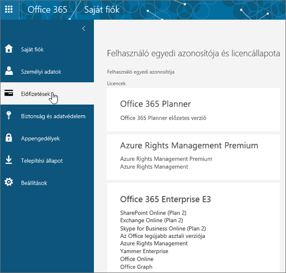 Office 365-előfizetések lapja