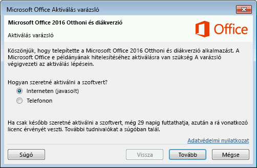 Képernyőkép a Microsoft Office Aktiválás varázslóról