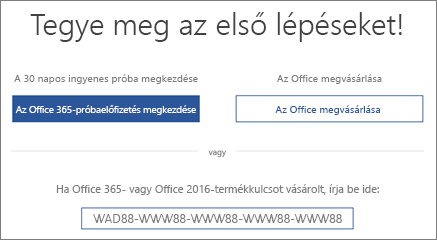 A „Kezdés” képernyő, amely jelzi, hogy az eszközön megtalálható az Office 365 próbaverziója