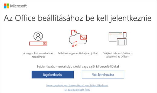 „Az Office beállításához be kell jelentkeznie” oldal, amely az Office telepítése után jelenhet meg