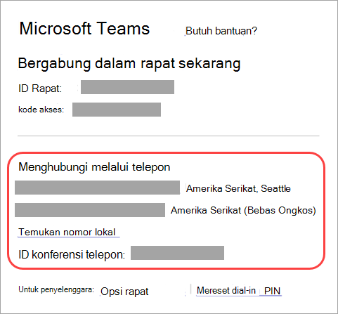 Cuplikan layar memperlihatkan tempat Anda dapat menghubungi rapat Teams.