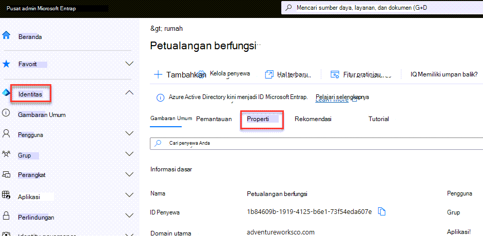 Item properti di pusat admin Azure Active Directory (AAD).