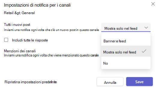 Teams - impostazioni delle notifiche del canale