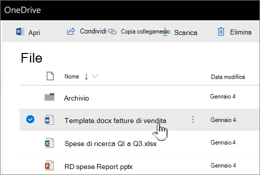 OneDrive con file selezionato