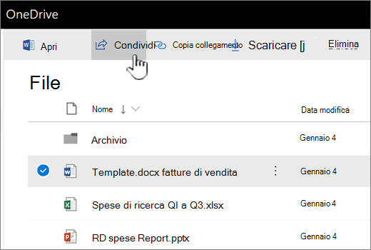 OneDrive con il pulsante file selezionato e Condividi da spingere