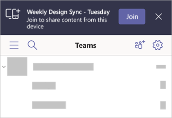 "Teams" reklaminė juosta, kurioje sakoma, kad "Weekly Design Sync" – antradienis yra netoliese su galimybe prisijungti iš mobiliojo įrenginio.