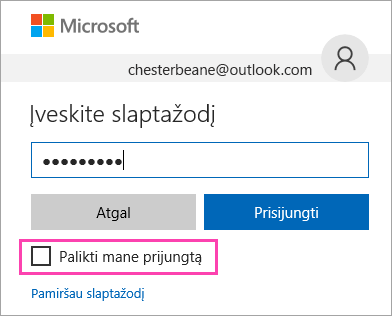 Žymės langelio Palikti mane prijungtą „Outlook.com“ prisijungimo puslapyje ekrano kopija