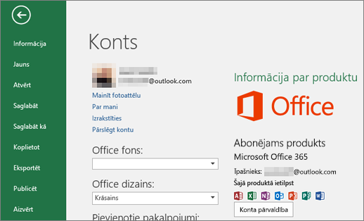 Office lietojumprogrammas logā Konts tiek parādīts ar Office saistītais Microsoft konts