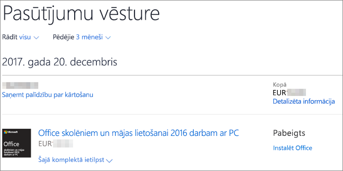 Rāda Microsoft Store pasūtījumu vēstures lapu