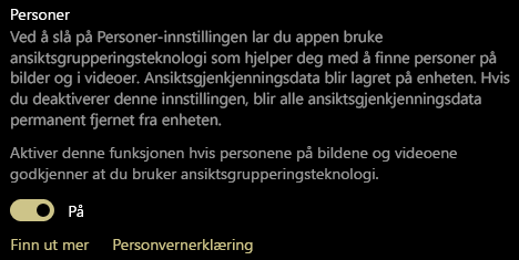 Viser av og på-veksleknappen for Personer-innstillingen.