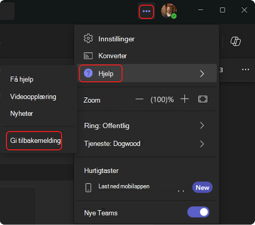 Slik kommer du til hjelp-menyen i Teams.