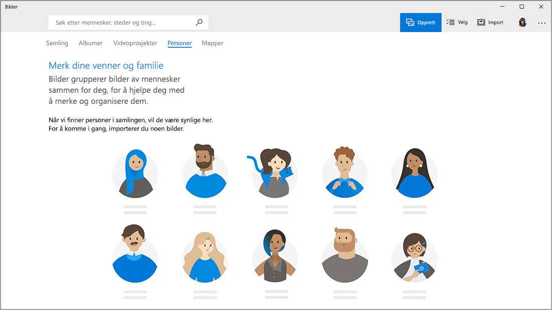 Skjermbilde av Personer-fanen før den fylles ut med ansikter.