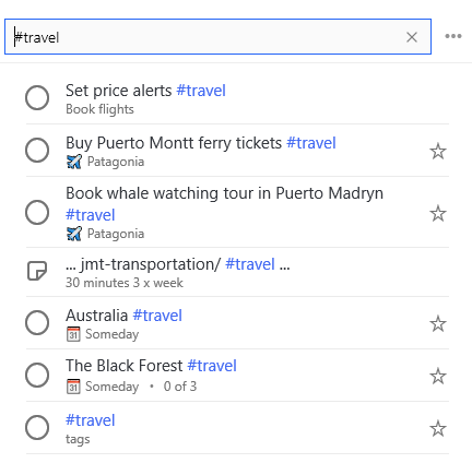 #travel is ingevoerd in de zoekbalk en een lijst met alle taken met de tag #travel eronder