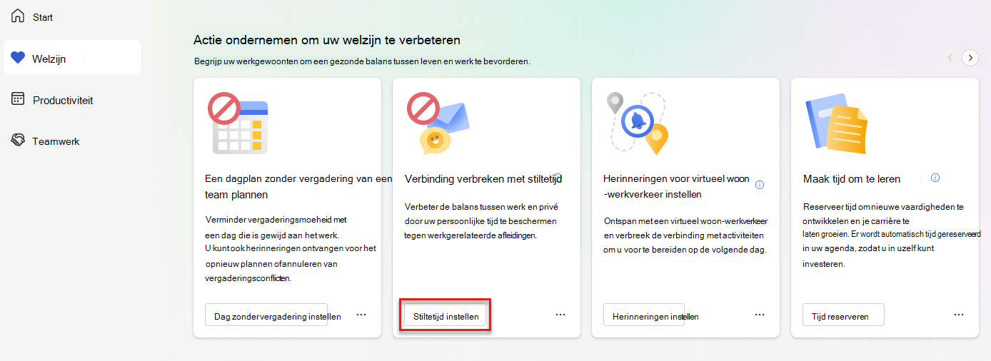 Schermopname van de sectie Actie ondernemen om uw welzijn te verbeteren van het tabblad Welzijn met de knop Stiltetijd instellen gemarkeerd