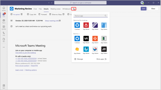 Afbeelding toont waar u apps kunt vinden die u kunt toevoegen aan een uitnodiging voor een vergadering.