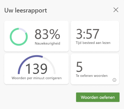 schermopname van gegevens van een coachsessie voor lezen, nauwkeurigheid, tijd die is besteed aan het lezen, woorden per minuut corrigeren en het aantal te oefenen woorden wordt weergegeven.