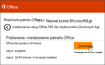 Zrzut ekranu przedstawiający stronę instalacji na stronie Moje konto