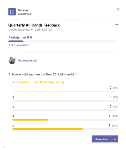 Wyniki uzyskiwane w aplikacji Ankieta usługi Microsoft Teams