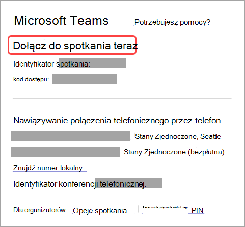 Zrzut ekranu przedstawiający sposób dołączania do spotkania z zaproszenia.