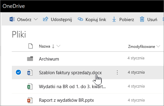 Usługa OneDrive z wybraną pozycją plik