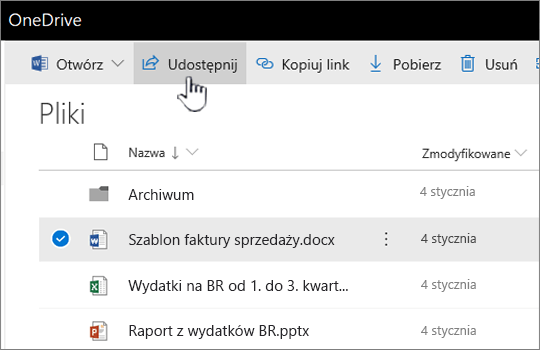 Usługa OneDrive z wybranym plikiem i przyciskiem Udostępnij w trybie push