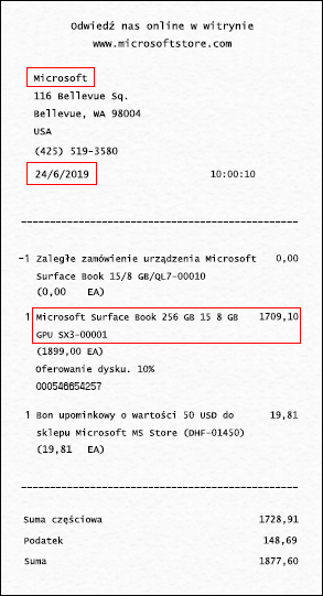 Rachunek (lub dowód zakupu) powinien zawierać sklep, w którym zakupiono urządzenie, datę i wymienione urządzenie (lub ujęte jako pozycja na liście).