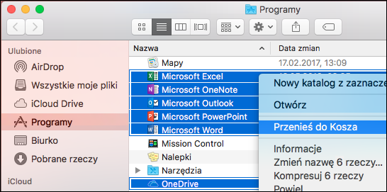 Przenoszenie aplikacji pakietu Office do Kosza