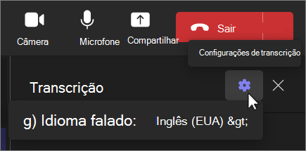 Ecrã Alterar idioma de transcrição