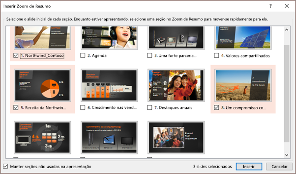 Mostra a caixa de diálogo Inserir Zoom de Resumo no PowerPoint com as seções selecionadas.